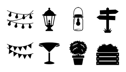 Fototapeta premium Outdoor Party Decor Icons, Garden Lighting, Signpost, Bistro Table, Potted Plant, Bunting Flags
