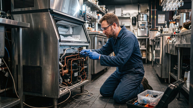 Service technician repairing a commercial ice machine in a restaurant kitchen.