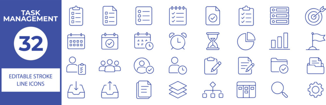 32 Task Management Vector Outline Icons Set,Project Planning, Checklist, Calendar, Schedule, Deadline and Productivity Line Symbols Collection