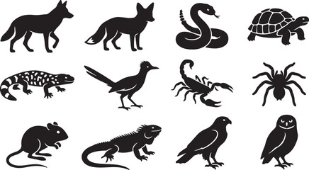 Fototapeta premium Set of black silhouettes featuring desert animals including coyote, fox, snake, turtle, lizard, scorpion, spider, and owl, isolated on white