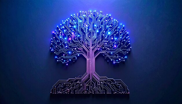 Digital tree circuit board with glowing lights representing technology, AI, and data networks