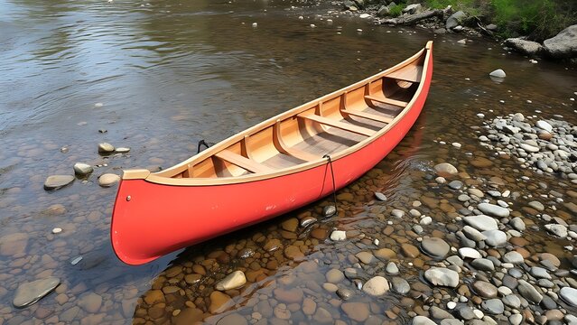 A canoe being carried across a shallow stream with smooth pebbles in a wilderness setting.