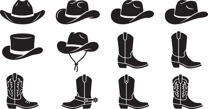 Set of black silhouettes showing different types of cowboy hats and western boots, including boots with spurs and intricate stitching