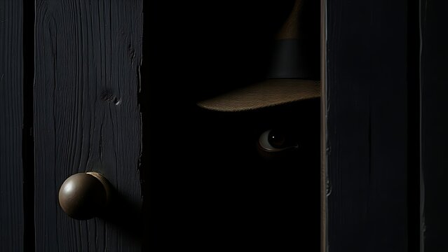 An old wooden door ajar, revealing part of an eye and a detective's hat.