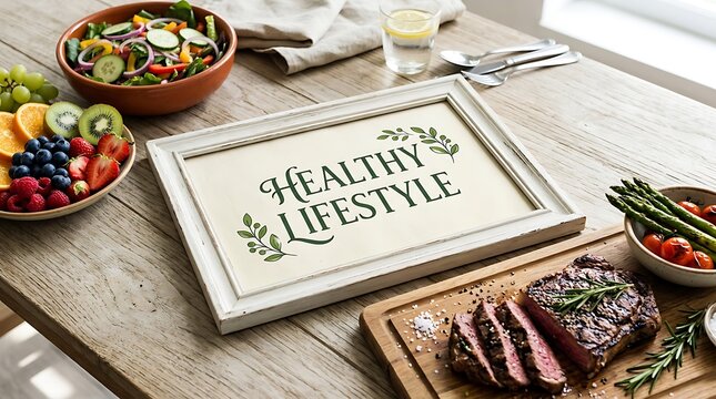 A rustic wooden frame with the words healthy lifestyle written on a table surrounded by fresh fruit salad and grilled steak dinner