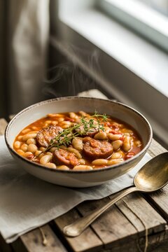 Guiso tradicional de alubias con chorizo humeante en un cuenco r&uacute;stico de madera