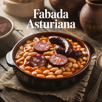 Plato tradicional de fabada asturiana con chorizo y morcilla en cazuela r&uacute;stica de barro con texto