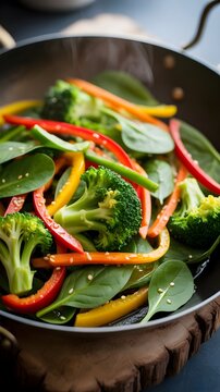 Salteado de verduras frescas con br&oacute;coli, pimientos de colores y espinacas en sart&eacute;n wok