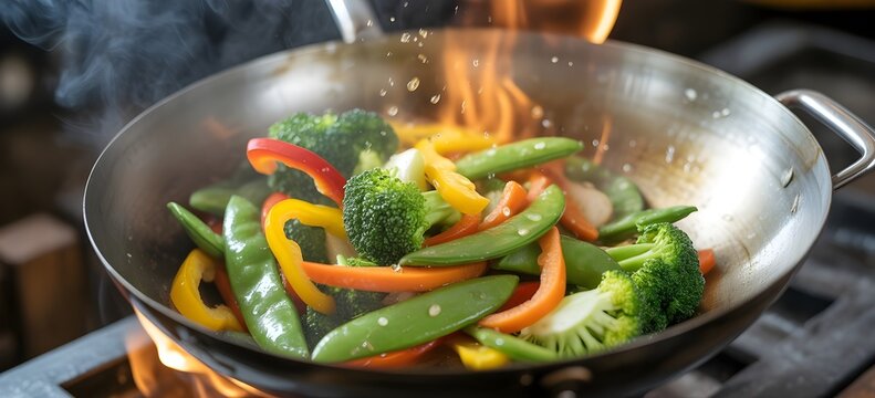 Salteado din&aacute;mico de verduras frescas en un wok sobre el fuego con llamas y humo