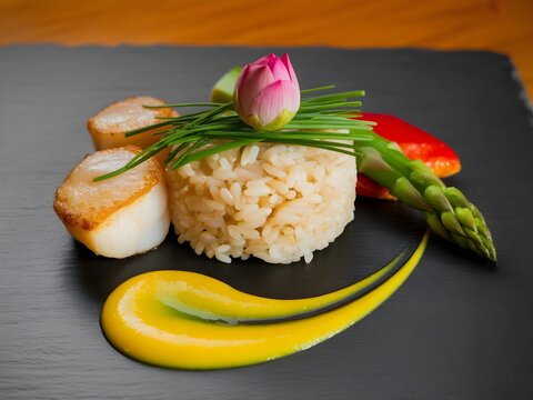 Plato gourmet de vieiras selladas con arroz, esp&aacute;rrago verde, pur&eacute; y flor comestible en plato de pizarra negra