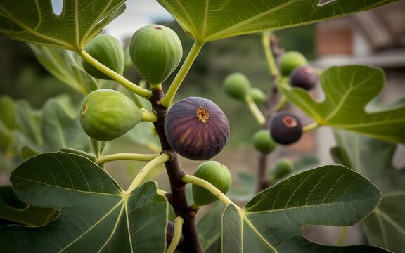 Primer plano de higos maduros y verdes en la rama de una higuera con hojas frescas