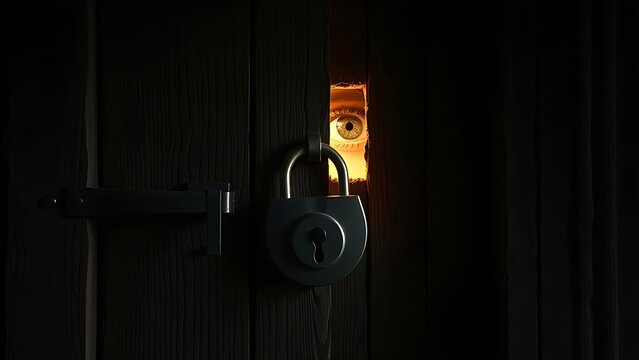 Weathered wooden door with iron padlock, light and eye visible through crack.
