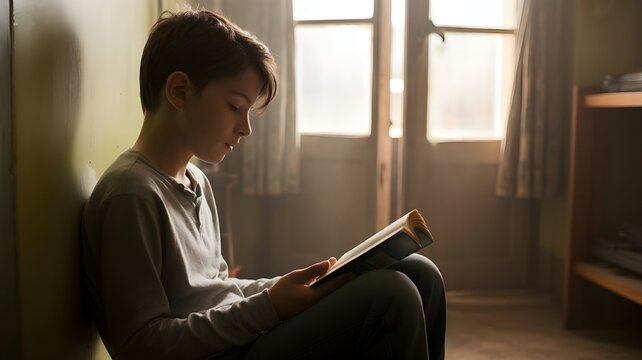 Perfil de un ni&ntilde;o concentrado leyendo un libro sentado en el suelo con luz natural entrando por la ventana