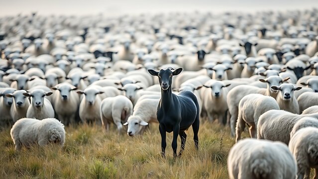 A single black goat standing still among a flock of white sheep in meadow.