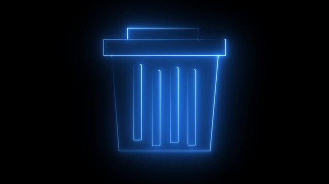 Glowing blue neon trash can icon animation on black background digital art concept for deletion data removal and waste management.4k video.