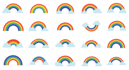 Fototapeta premium Rainbows arch across the sky with colorful bands and fluffy clouds in this weather icon collection.