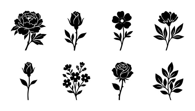 Elegant Black Floral Silhouettes, Vector Flower Icons, Botanical Illustrations, Decorative Elements