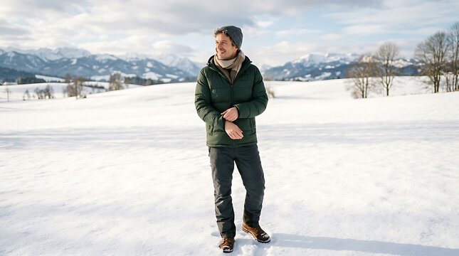 A young man wearing a warm winter jacket and beanie standing in a vast snowy field with mountains in the background during daytime