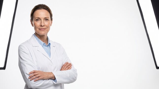 Professional mature female healthcare doctor in white lab coat posing for medical portrait in bright studio environment