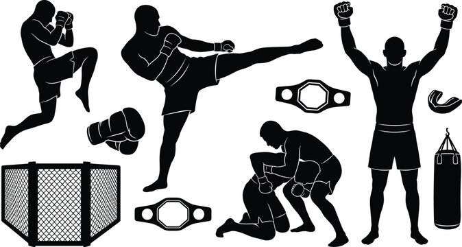Mixed Martial Arts MMA Fighter Silhouette Icon Set with Cage Octagon, Championship Belt, Boxing Gloves, and Punching Bag Elements