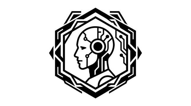 Black and white vector icon featuring a stylized robot head profile inside an intricate geometric hexagonal frame