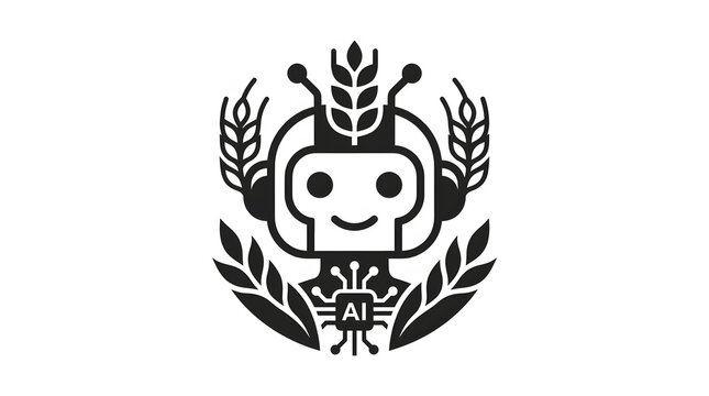Minimalist black and white vector emblem featuring a friendly robot head surrounded by wheat stalks and technology