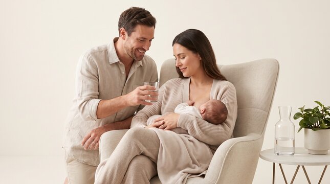 Mother breastfeeding newborn in chair while father offers water support in bright home