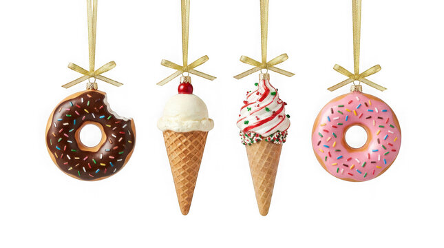 Set of four sweet treat christmas ornaments including donuts and ice cream cones isolated on transparent background