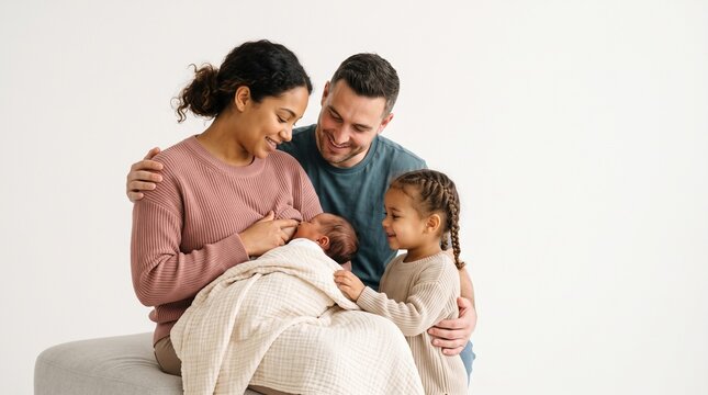 Happy multi-ethnic family with mother breastfeeding newborn baby and father with daughter smiling in a bright studio