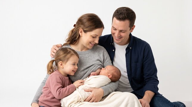 A loving mother breastfeeds her newborn baby surrounded by her supportive husband and young daughter in a minimalist studio setting