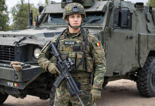 Belgian soldier in camouflage uniform standing at ease in front of armored military vehicle during outdoor field operation