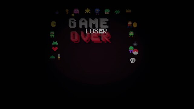 Retro pixel art game over screen with loser text and arcade icons on black background