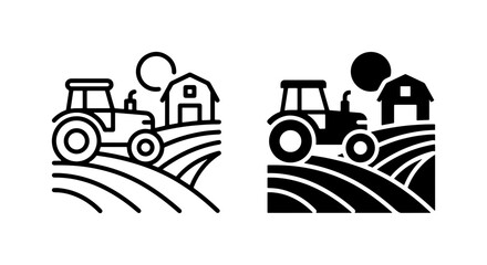 Farm Tractor and Barn Icons, Rural Landscape Vector Set, Agriculture and Countryside Graphics © Laboni
