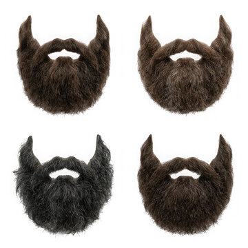 Set of four realistic fake beards in different colors isolated on transparent background
