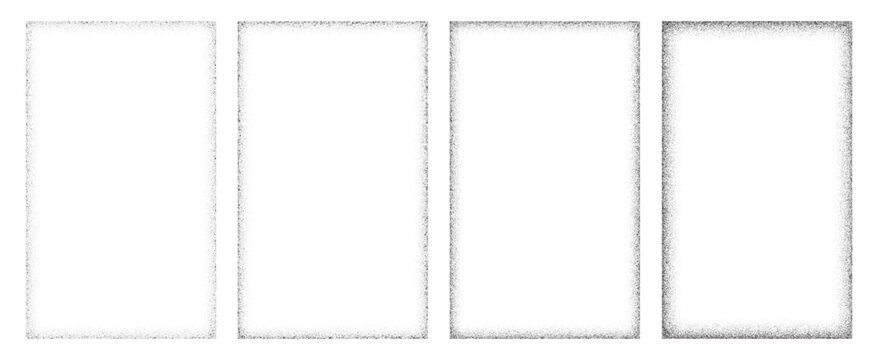 Noise grain gradient frames. Dot pattern spray effect. Black grainy gradient texture. Halftone rectangle shapes.