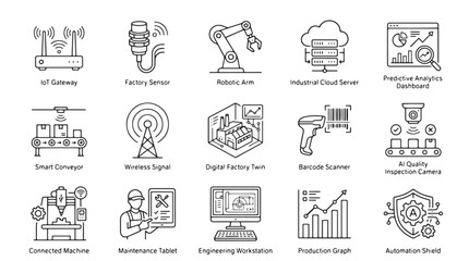 Fototapeta premium Industrial IoT and Smart Factory Icons, Set of 15 Line Vector Elements for Automation, Digital Manufacturing and Industry 4.0 Technology