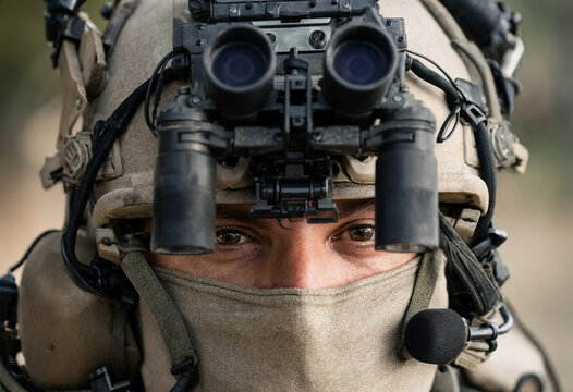 Close up portrait of soldier wearing modern tactical combat helmet and high tech night vision binoculars device