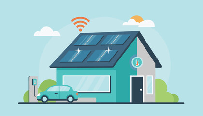 Fototapeta premium Smart home with solar panels and electric vehicle charging station, representing eco friendly modern tech living.