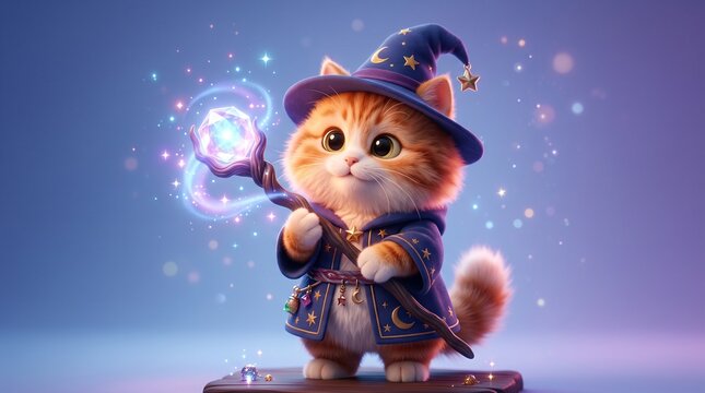 Cute kitten dressed as a wizard. Fluffy cat holding a glowing magic staff in fantasy style.