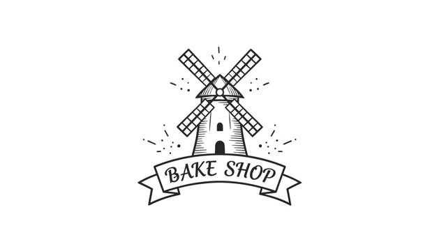 Retro bake shop logo design featuring a hand drawn windmill icon on a banner in classic black and white style.