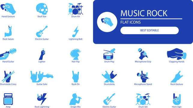 Music rock icons set. Monochrome vector collection of guitar, drum, microphone and hand gestures for concert design