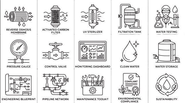Industrial water purification line icons set, 15 filtration system vector elements, reverse osmosis and water treatment engineering symbols