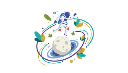 Naklejka premium Creative illustration of a cute cartoon astronaut running around the moon with colorful abstract orbital paths and green leaves.