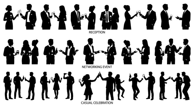 Social gathering silhouettes of people at reception networking and casual celebration events
