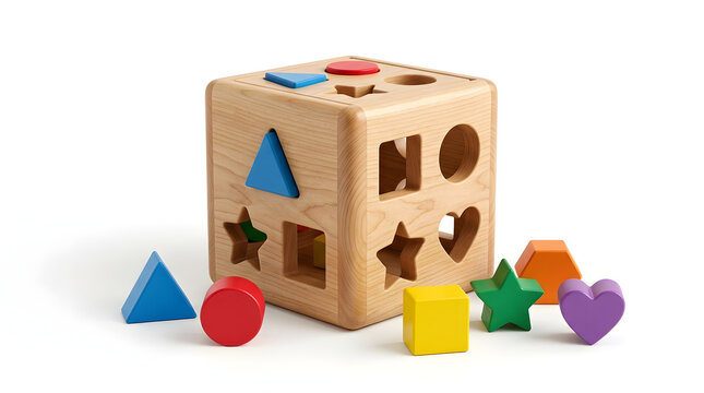 Wooden shape sorter toy isolated on white background