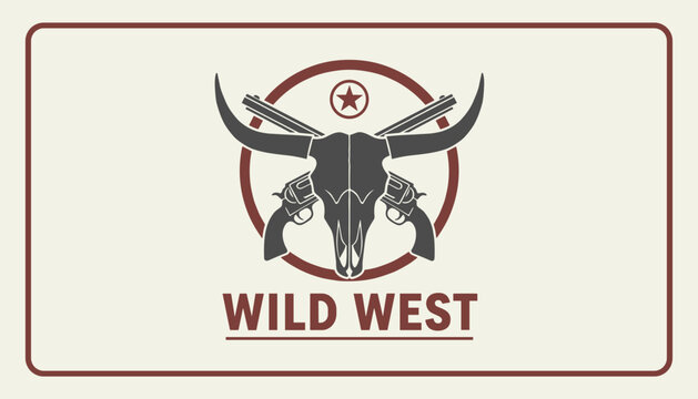 Wild west vintage logo design featuring a bull skull with long horns, crossed revolvers, and a star in a circular badge.