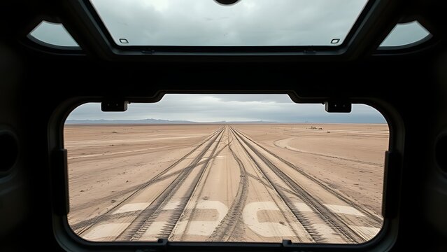 View from inside a tank hatch overlooking a vast, desolate plain with tracks.