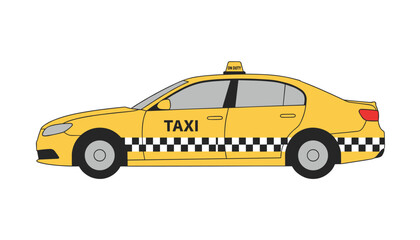 Fototapeta premium Classic yellow taxi cab car side view with black and white checker stripe pattern, isolated on a white background.