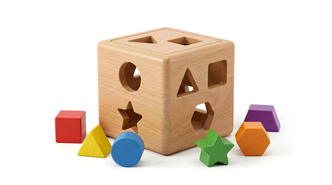 Wooden shape sorter toy isolated on white background