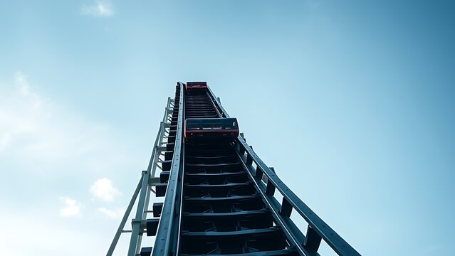 An empty roller coaster car at the peak of a steep vertical drop.